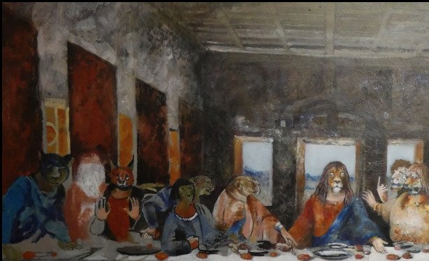 the fish supper. mark Robinson;s take on the Last Supper painting in acrylics. Wild Dandies Collection